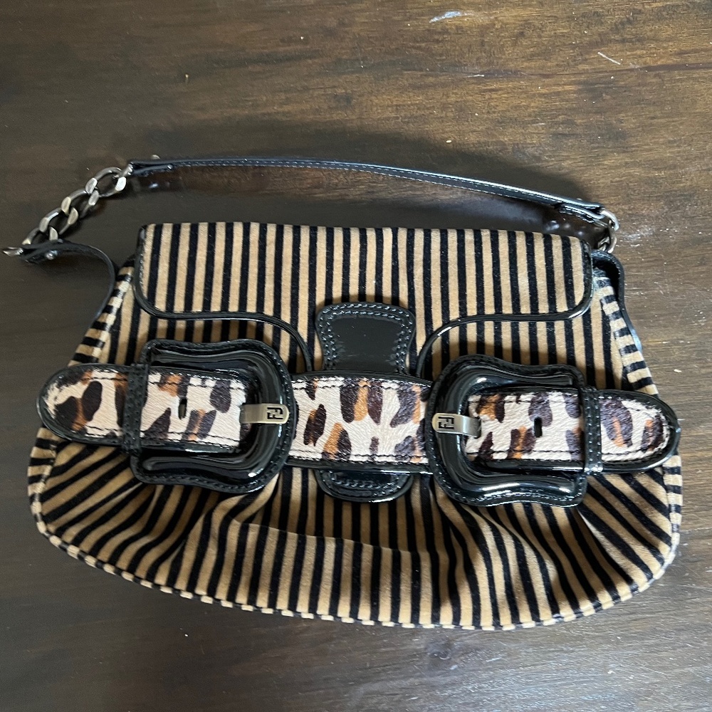 Vintage Fendi Leather & Velvet Striped & Leopard Shoulder Bag